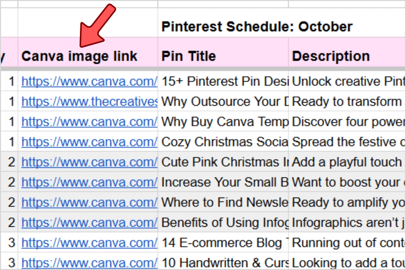 6 Tips to Organize your Canva Account for Efficient Client Pin Creation. The image shows a spreadsheet table with 3 main columns with the titles: Image Link, Pin Title, and Description. There is a red arrow pointing to the column showing the Canva image link. Within the column the author has added the Canva image links for different pins in the spreadsheet alongside their pin titles and description.